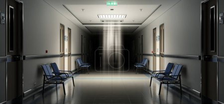 Foto de Largo pasillo hospital oscuro con habitaciones y asientos azules representación 3D. Accidente vacío e interior de emergencia con luces brillantes que iluminan el pasillo desde el techo - Imagen libre de derechos