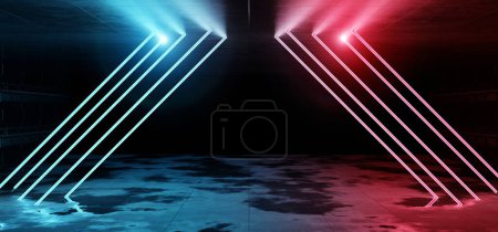 Foto de Garage room hangar with sci fi glowing blue red tubes. Cyber neon laser Interior. Futuristic dark tunnel warehouse with metal panels wall lighted with lights. Construction corridor 3d Rendering - Imagen libre de derechos