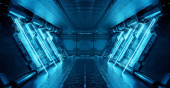Blue spaceship interior with neon lights on panel walls. Futuristic modern corridor in space station background. 3d rendering Stickers #633027284