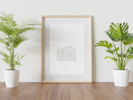 Photo for Wooden frame leaning on floor in interior with plants mockup. Template of a picture framed on a wall 3D rendering - Royalty Free Image