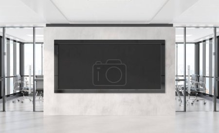 Photo for Panoramic frame Mockup hanging on office wall. Mock up of a billboard in modern company interior 3D rendering - Royalty Free Image