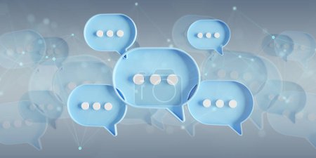 Foto de Minimalista burbujas de habla azul y blanco hablan iconos flotando sobre fondo gris. Conversación moderna o mensajes de redes sociales suaves con sombra. Renderizado 3D - Imagen libre de derechos