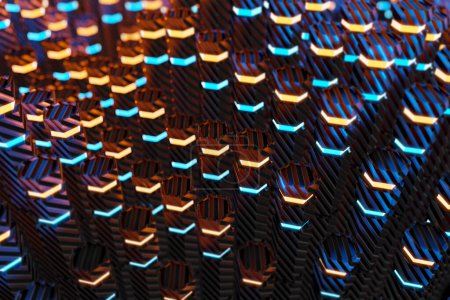 Téléchargez les photos : Métal noir bleu et orange hexagones lumineux piliers mobiles fond abstrait rendu 3D - en image libre de droit