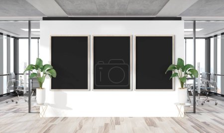 Foto de Tres marcos verticales Mockup colgando en la pared de la oficina. Burla de vallas publicitarias en el interior de la empresa de madera moderna 3D renderizado - Imagen libre de derechos