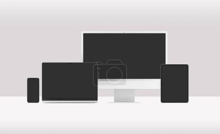Photo for PARIS - France - April 28, 2022: Newly released Apple devices, Imac 24 desktop computer, Iphone 13 pro max mobile, Macbook laptop, Ipad tablet- 3d realistic rendering screen mockup on white background - Royalty Free Image