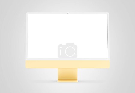 Foto de PARÍS - Francia - 28 de abril de 2022: Nueva versión de Apple Imac 24 pulgadas ordenador de escritorio, color amarillo, vista frontal 3d realista representación 4.5K pantalla de visualización Retina maqueta sobre fondo gris - Imagen libre de derechos