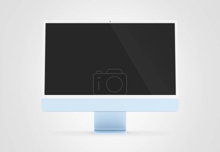 Foto de PARÍS - Francia - 28 de abril de 2022: Nueva versión de Apple Imac 24 pulgadas ordenador de escritorio, color azul, vista frontal 3d realista representación 4.5K pantalla de visualización Retina maqueta sobre fondo blanco - Imagen libre de derechos