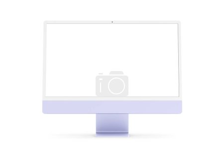 Foto de PARIS - France - April 28, 2022: Newly released Apple Imac 24 inch desktop computer, purple color, front view- 3d realistic rendering 4.5K Retina display screen mockup on white background - Imagen libre de derechos