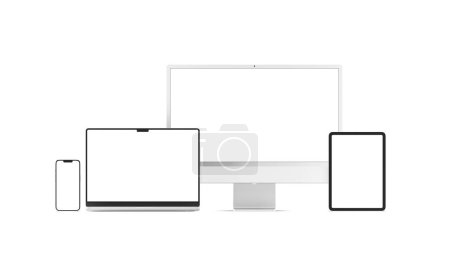 Foto de PARÍS - Francia - 28 de abril de 2022: Dispositivos Apple recién lanzados, Ordenador de sobremesa Imac 24, Iphone 13 pro max mobile, Ordenador portátil Macbook, Tableta Ipad - 3D realista maqueta de pantalla de renderizado sobre fondo blanco - Imagen libre de derechos