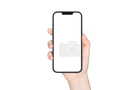 Téléchargez les photos : PARIS - France - 28 avril 2022 : Nouveau Smartphone Apple Iphone 13 pro max rendu 3D réaliste - Modèle d'écran couleur bleu Sierra - Main de femme tenant un smartphone moderne sur fond blanc - en image libre de droit
