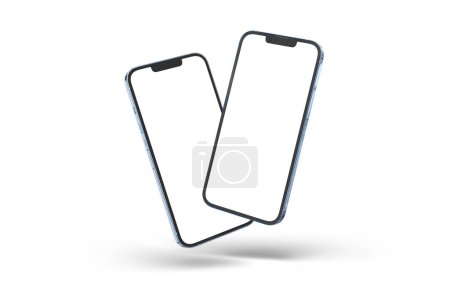 Photo for PARIS - France - April 28, 2022: Newly released Apple Smartphone Iphone 13 pro max realistic 3d rendering - Sierra blue color front screen mockup - Two modern smartphones floating on white background - Royalty Free Image