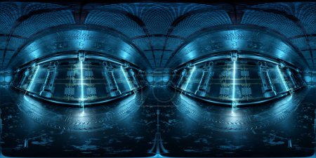 Foto de HDRI vista panorámica del interior de la nave espacial azul oscuro. Mapeo de reflexión panorámica de 360 grados de alta resolución de una sala de naves espaciales futuristas - Imagen libre de derechos