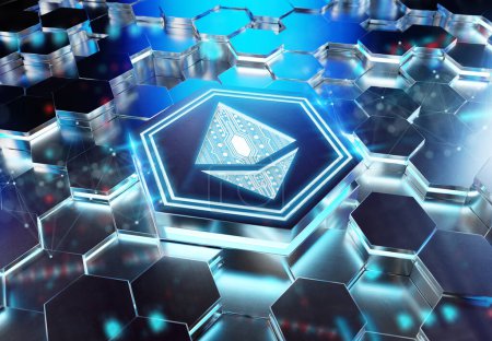 Icône Ethereum concept gravé sur fond piédestal hexagonal métal bleu. Crypto symbole de la monnaie rayonnant sur la surface numérique abstraite. Rendu 3d