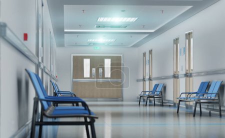 Téléchargez les photos : Long couloir d'hôpital blanc avec des chambres et des sièges bleus rendu 3D. Accident vide et intérieur de secours avec des lumières vives qui illuminent le hall depuis le plafond - en image libre de droit
