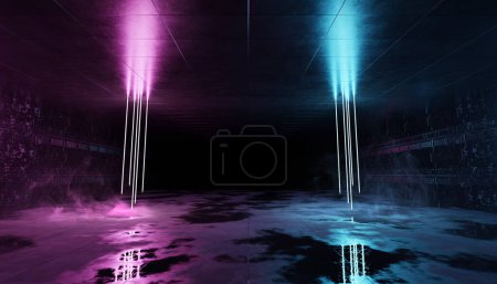 Téléchargez les photos : Cyber neon laser tubes in garage room hangar. Futuristic blue and pink neon lights interior. Sci fi dark tunnel warehouse with metal panels wall lighted. Construction showroom corridor 3d Rendering - en image libre de droit