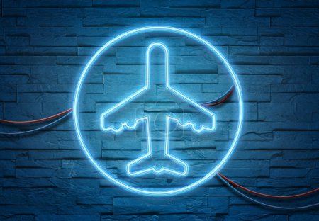 Téléchargez les photos : Plane néon tubes icône illuminant un mur de briques avec lumière bleue lumineux rendu 3D - en image libre de droit