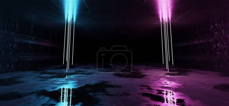 Téléchargez les photos : Sci fi dark tunnel warehouse with metal panels wall lighted. Futuristic blue and pink neon lights interior. Cyber neon laser tubes in garage room hangar. Construction showroom corridor 3d Rendering - en image libre de droit