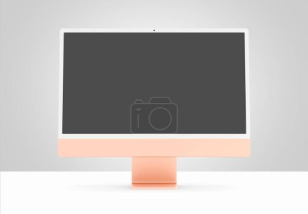 Foto de PARIS - France - April 28, 2022: Newly released Apple Imac 24 inch desktop computer, orange color, front view- 3d realistic rendering 4.5K Retina display screen mockup on grey background - Imagen libre de derechos