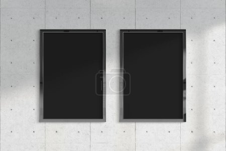 Photo for Two billboards hanging on a sunlit concrete plates wall mockup. Template of frames bathed in sunlight 3D rendering - Royalty Free Image