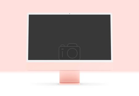 Foto de PARIS - France - April 28, 2022: Newly released Apple Imac 24 inch desktop computer, pink color, front view- 3d realistic rendering 4.5K Retina display screen mockup on pink background - Imagen libre de derechos