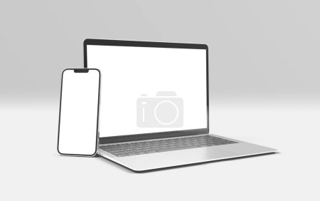 Foto de PARÍS - Francia - 28 de abril de 2022: Dispositivos Apple recién lanzados, Ordenador de sobremesa Imac 24, Iphone 13 pro max mobile, Ordenador portátil Macbook, Tableta Ipad - 3D realista maqueta de pantalla de renderizado sobre fondo blanco - Imagen libre de derechos