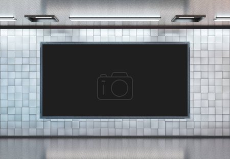 Foto de Cartelera panorámica 2: 1 en la pared subterránea del metro Mockup. Acumulación de publicidad en la pared de la estación de tren 3D rendering - Imagen libre de derechos