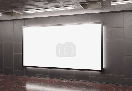 Große Panoramawerbetafel auf U-Bahn-Attrappe. Horterwerbung hängt an Bahnhofswand Innenraum 3D-Rendering