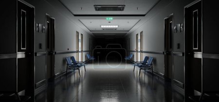 Téléchargez les photos : Long couloir d'hôpital sombre avec des chambres et des sièges bleus rendu 3D. Accident vide et intérieur de secours avec des lumières vives qui illuminent le hall depuis le plafond - en image libre de droit