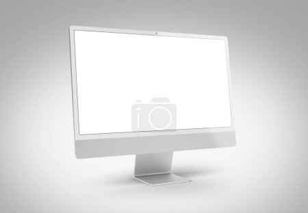 Téléchargez les photos : PARIS - France - 15 mars 2023 : Nouvel ordinateur de bureau Apple Imac 24 pouces, couleur argentée, vue de face - maquette d'écran de rendu 3D sur fond blanc (Plusieurs valeurs) - en image libre de droit