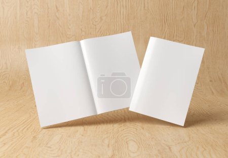 White blank A4 magazine Mockup isolated on wood background 3D rendering