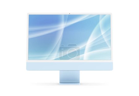Foto de PARÍS - Francia - 28 de abril de 2022: Nueva versión de Apple Imac 24 pulgadas ordenador de escritorio, color azul, vista frontal 3d realista representación 4.5K pantalla de visualización Retina maqueta sobre fondo blanco - Imagen libre de derechos