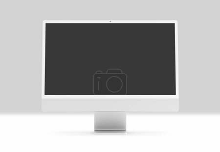 Foto de PARÍS - Francia - 28 de abril de 2022: Nueva versión de Apple Imac 24 pulgadas ordenador de escritorio, color plateado, vista frontal 3D representación realista 4.5K pantalla de visualización Retina maqueta sobre fondo gris - Imagen libre de derechos
