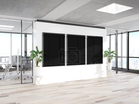 Foto de Tres marcos verticales Mockup colgando en la pared de la oficina. Burla de vallas publicitarias en el interior de la empresa de madera moderna 3D renderizado - Imagen libre de derechos