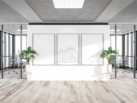 Photo for Three vertical frames Mockup hanging on office wall. Mock up of billboards in modern wooden company interior 3D rendering - Royalty Free Image