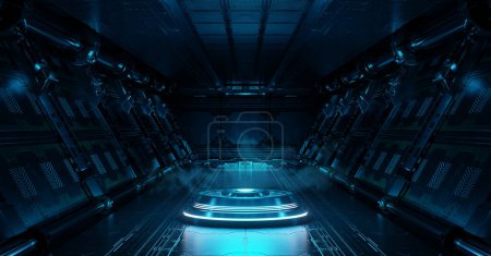 Photo for Blue spaceship interior with illuminated projector. Futuristic corridor in space station with glowing neon lights background. 3d rendering - Royalty Free Image