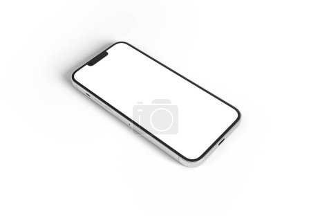 Téléchargez les photos : PARIS - France - 15 mars 2023 : Nouveau smartphone Apple, Iphone 14 pro. Couleur argentée rendu 3D réaliste, écran avant mobile maquette avec ombre et réflexion sur fond blanc - en image libre de droit