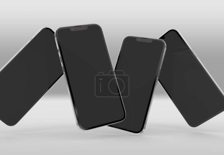 Téléchargez les photos : PARIS - France - 15 mars 2023 : Nouveau Smartphone Apple Iphone 14 rendu 3D pro réaliste - Modèle d'écran couleur argent - Quatre smartphones modernes flottant sur fond blanc - en image libre de droit