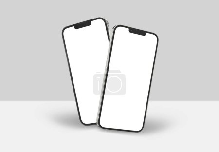 Foto de PARÍS - Francia - 15 de marzo de 2023: Nuevo lanzamiento de Apple Smartphone Iphone 14 pro realista 3d rendering - maqueta de pantalla frontal a color de plata - Dos teléfonos inteligentes modernos flotando en el fondo blanco - Imagen libre de derechos