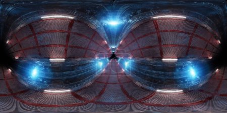Téléchargez les photos : Futuristic Hdri interior corridor with blue pink neon lights. 360 degree panoramic view of triangle shaped spaceship background. Cyber room environment with tunnel and lit path way. 3d rendering - en image libre de droit