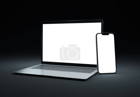 Photo for PARIS - France - March 15, 2023: Newly released Apple Macbook Air and Iphone 14, Silver color. Side view. 3d rendering laptop screen mockup on dark background - Royalty Free Image
