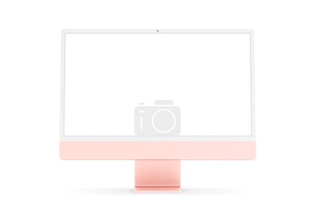 Foto de PARÍS - Francia - 28 de abril de 2022: Nueva versión de Apple Imac 24 pulgadas ordenador de escritorio, color rosa, vista frontal 3d realista representación 4.5K pantalla de visualización Retina maqueta sobre fondo blanco - Imagen libre de derechos