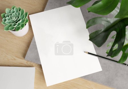 Foto de Papel en blanco sobre escritorio de madera clara. 3d representación de A4 hoja blanca vacía en placa de hormigón con planta de monstera, cactus y lápiz. - Imagen libre de derechos