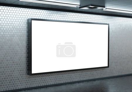 Foto de Cartelera panorámica 2: 1 en la pared subterránea del metro Mockup. Acumulación de publicidad en la pared de la estación de tren 3D rendering - Imagen libre de derechos