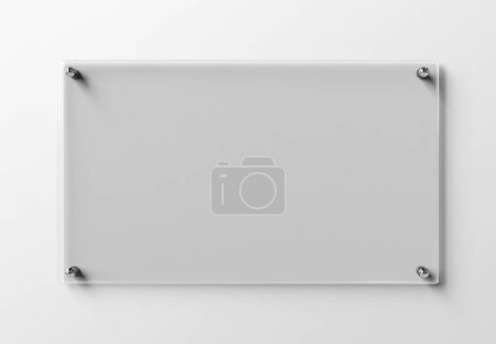 Foto de Placa de cristal transparente en pared blanca Mockup. Placa de negocio en blanco Representación 3D - Imagen libre de derechos