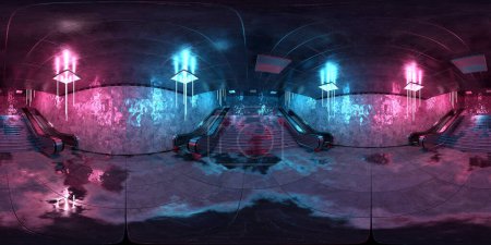 Foto de Hdri de fondo realista estación de metro subterráneo con suelos reflectantes húmedos. Interior futurista del metro con luces de neón y escaleras mecánicas brillantes azules y rosadas. Renderizado 3D - Imagen libre de derechos