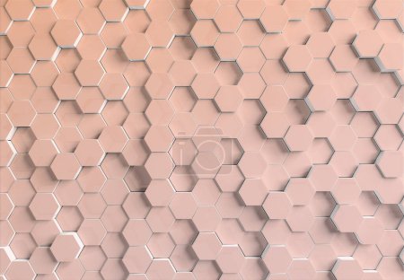 Téléchargez les photos : Modèle de fond hexagonal orange sur surface métallique texturée. Fond d'écran graphique abstrait en nid d'abeille hexagonale rendu 3D - en image libre de droit