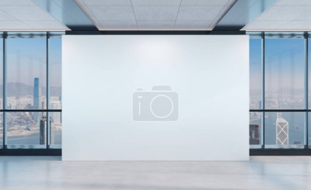 Photo for Blank wall Mockup in bright office with windows. Empty company interior 3D rendering - Royalty Free Image