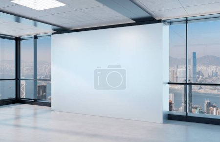 Téléchargez les photos : Mur vierge Mockup dans un bureau lumineux avec fenêtres. Intérieur vide de l'entreprise rendu 3D - en image libre de droit