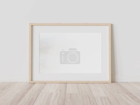 Photo for Wooden frame leaning on floor in interior mockup. Template of a picture framed on a bright wall 3D rendering - Royalty Free Image