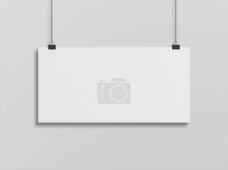 Foto de Cartel horizontal en blanco colgado con clips en una pared blanca Mockup. Renderizado 3D de marco vacío - Imagen libre de derechos